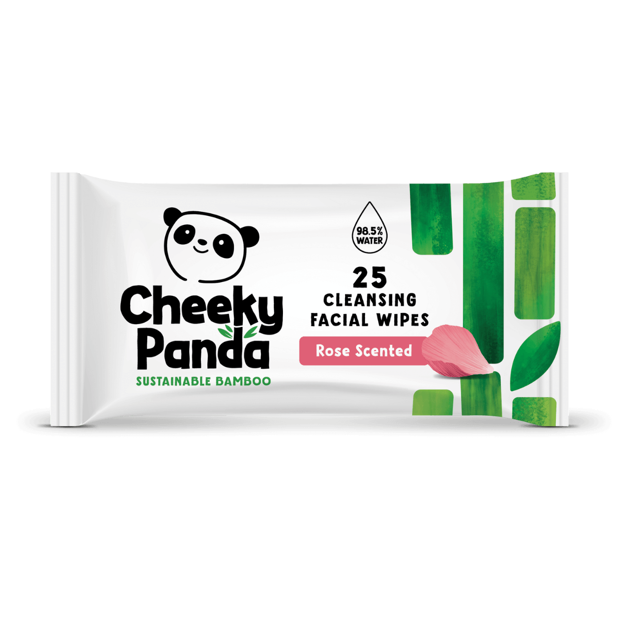 Cheeky Panda rose-scented cleansing facial wipes packaging on a black background