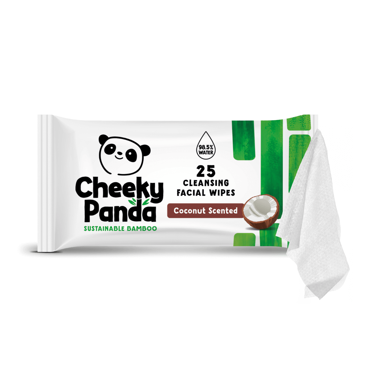 Cheeky Panda coconut-scented cleansing facial wipes packaging with a white wipe attached on a black background