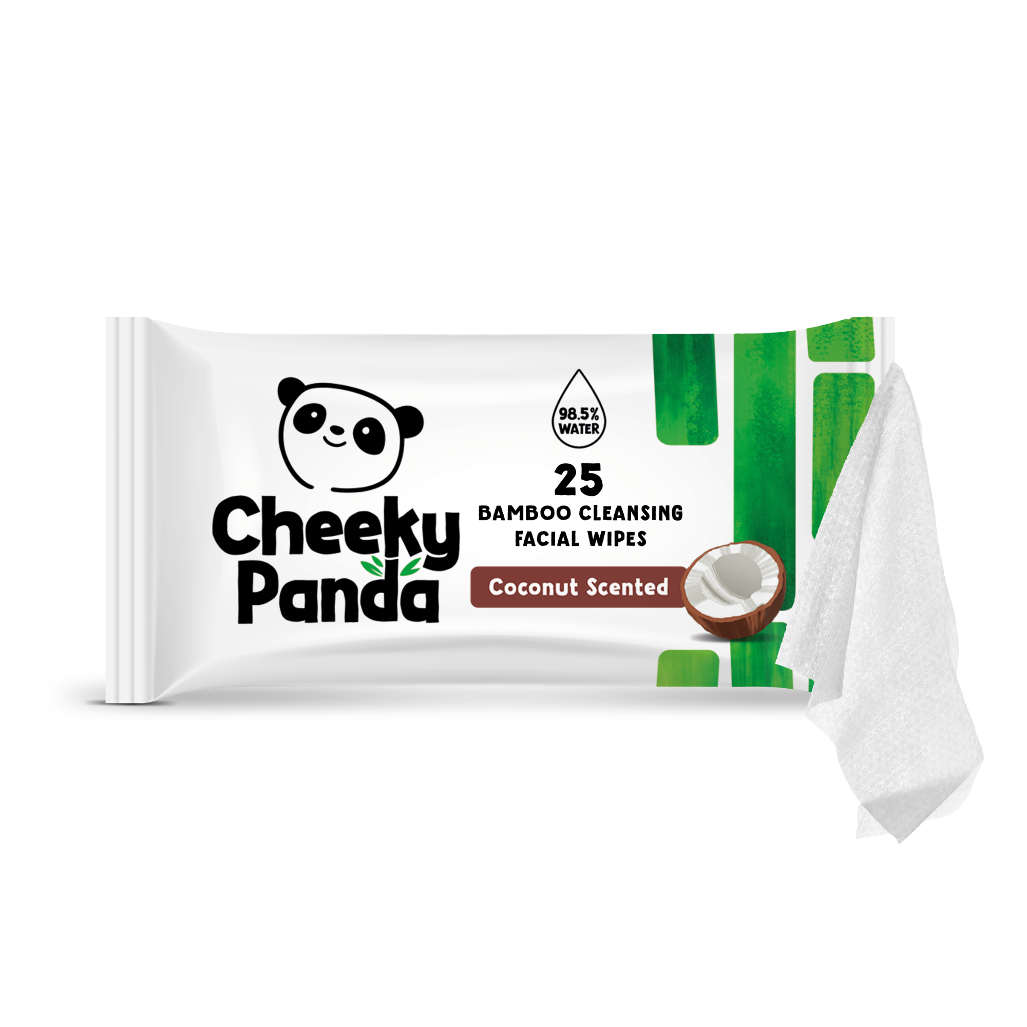 A pack of Cheeky Panda coconut scented bamboo facial wipes with one wipe partially pulled out.