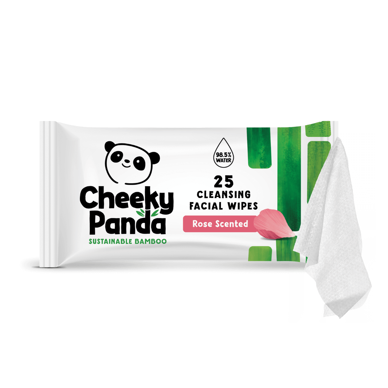 Pack of Cheeky Panda rose-scented cleansing facial wipes with a white wipe on a black background