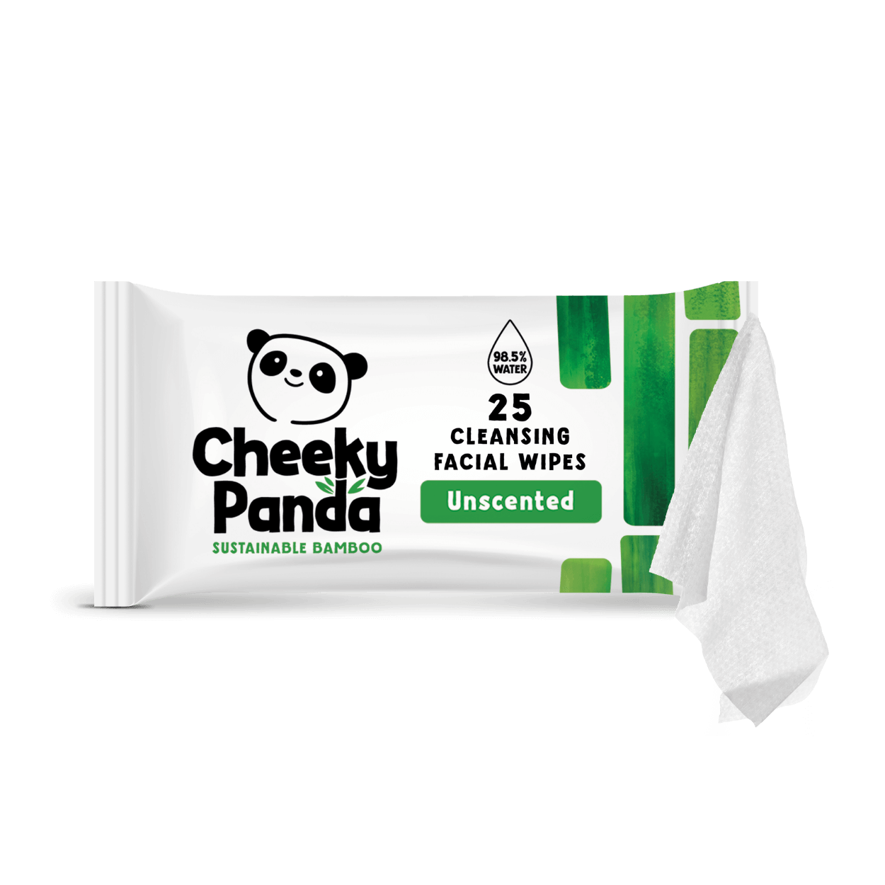 Pack of Cheeky Panda cleansing facial wipes with a white wipe on a black background