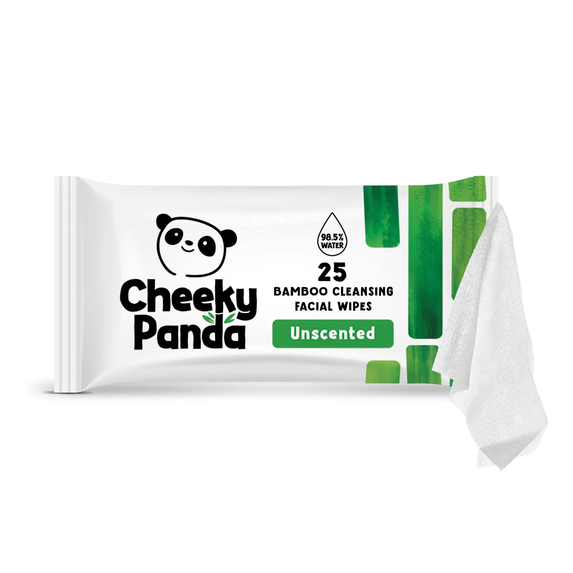 A pack of Cheeky Panda unscented bamboo facial wipes with one wipe partially pulled out.