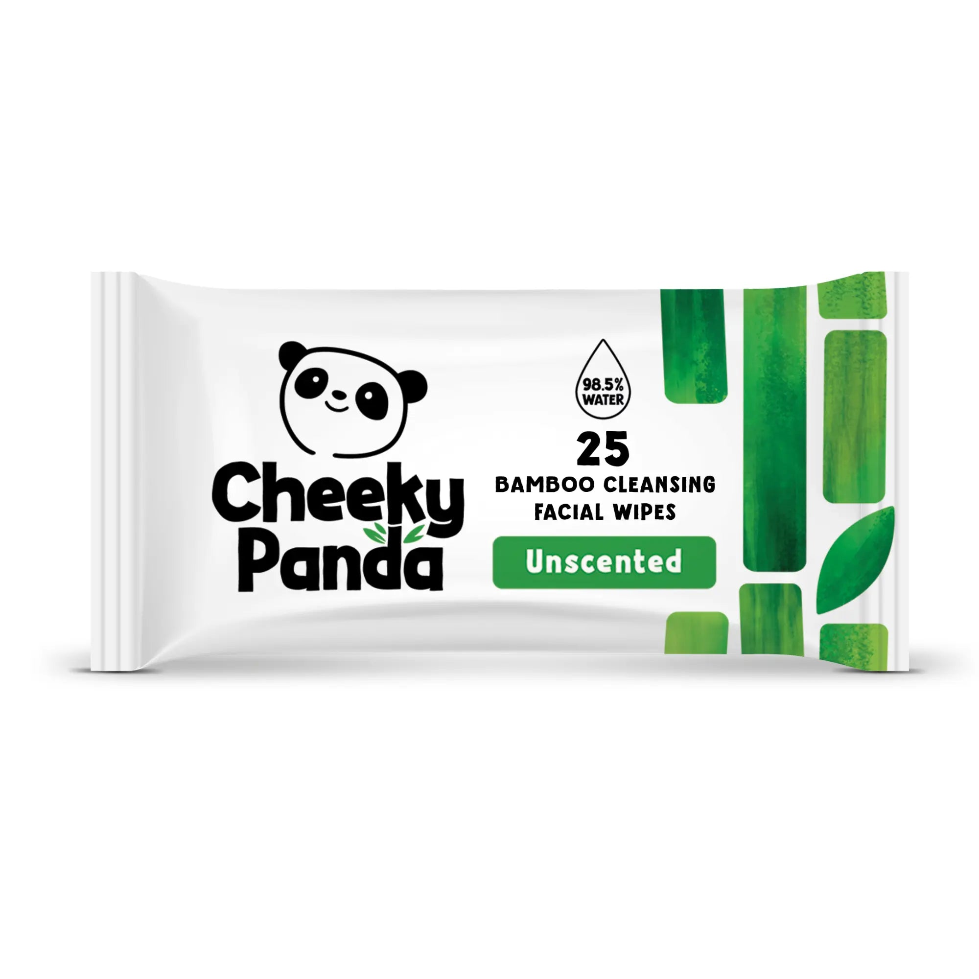 A single pack of Cheeky Panda unscented bamboo cleansing facial wipes.