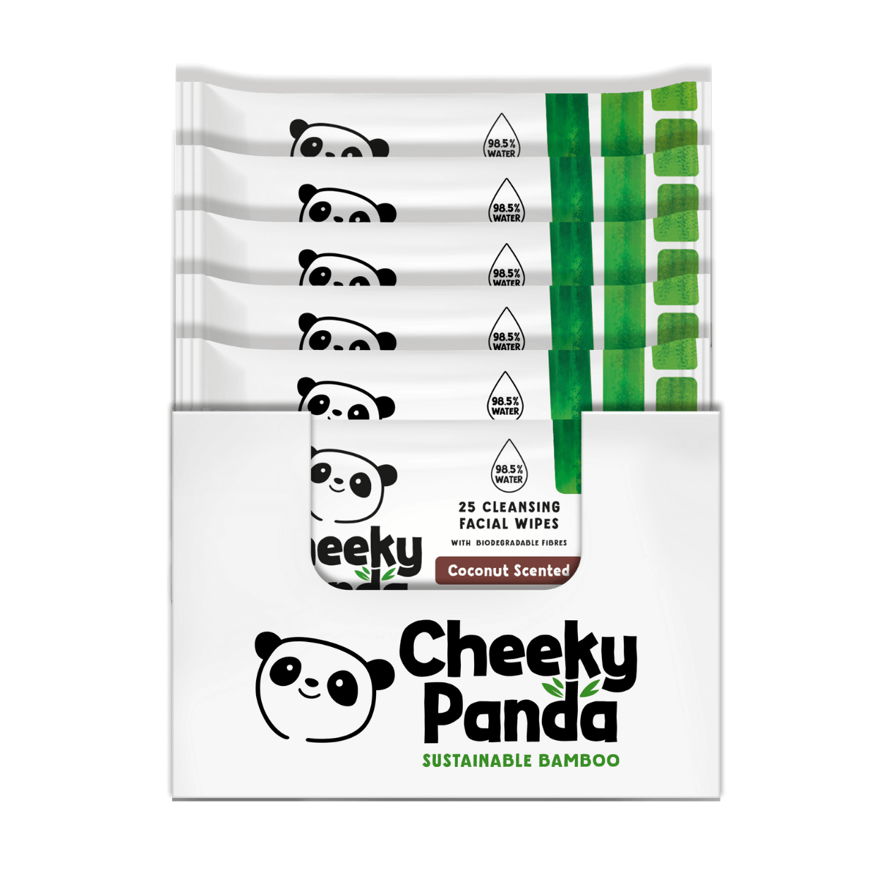 Pack of Cheeky Panda sustainable bamboo facial wipes on a black background
