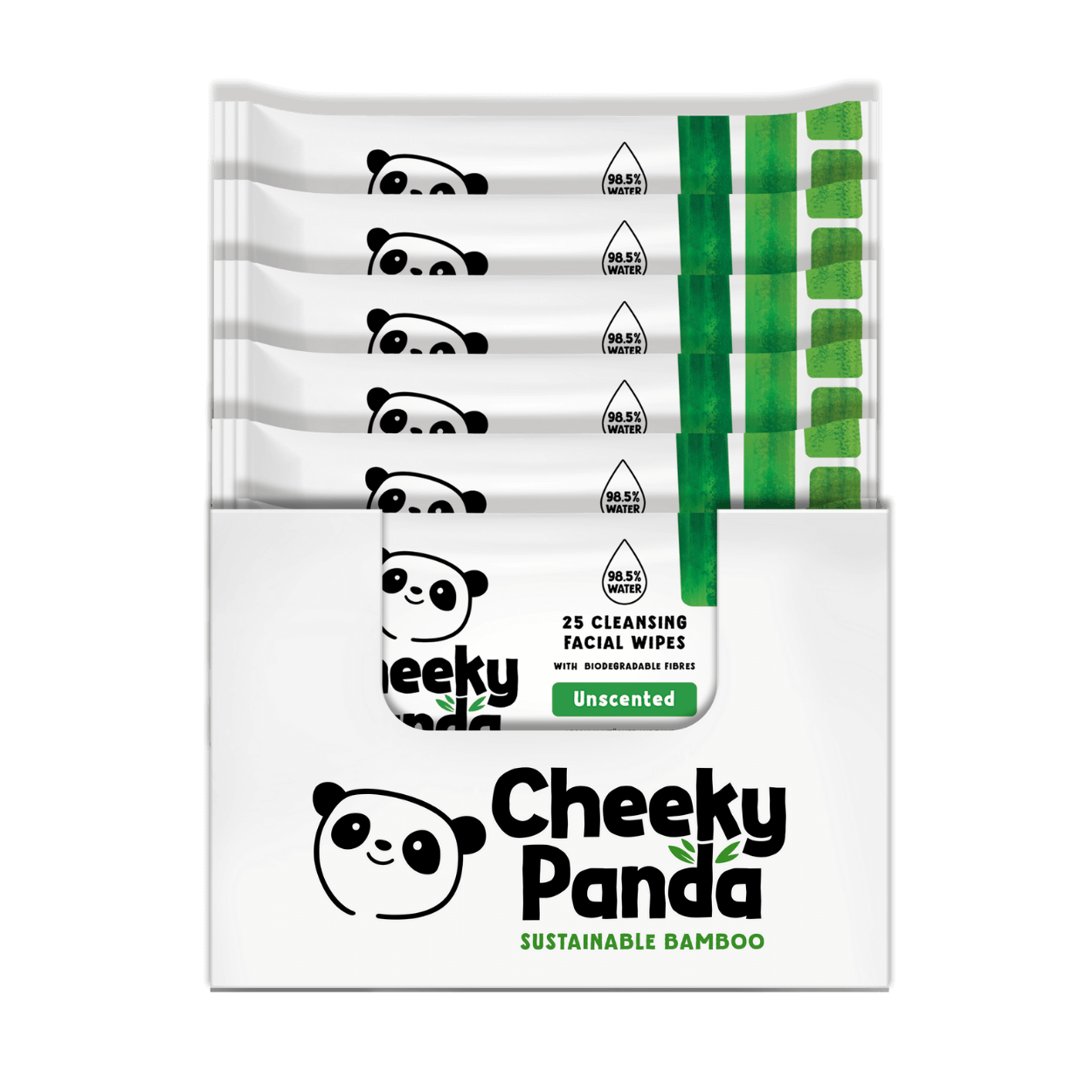 Pack of Cheeky Panda facial wipes with panda design on packaging.