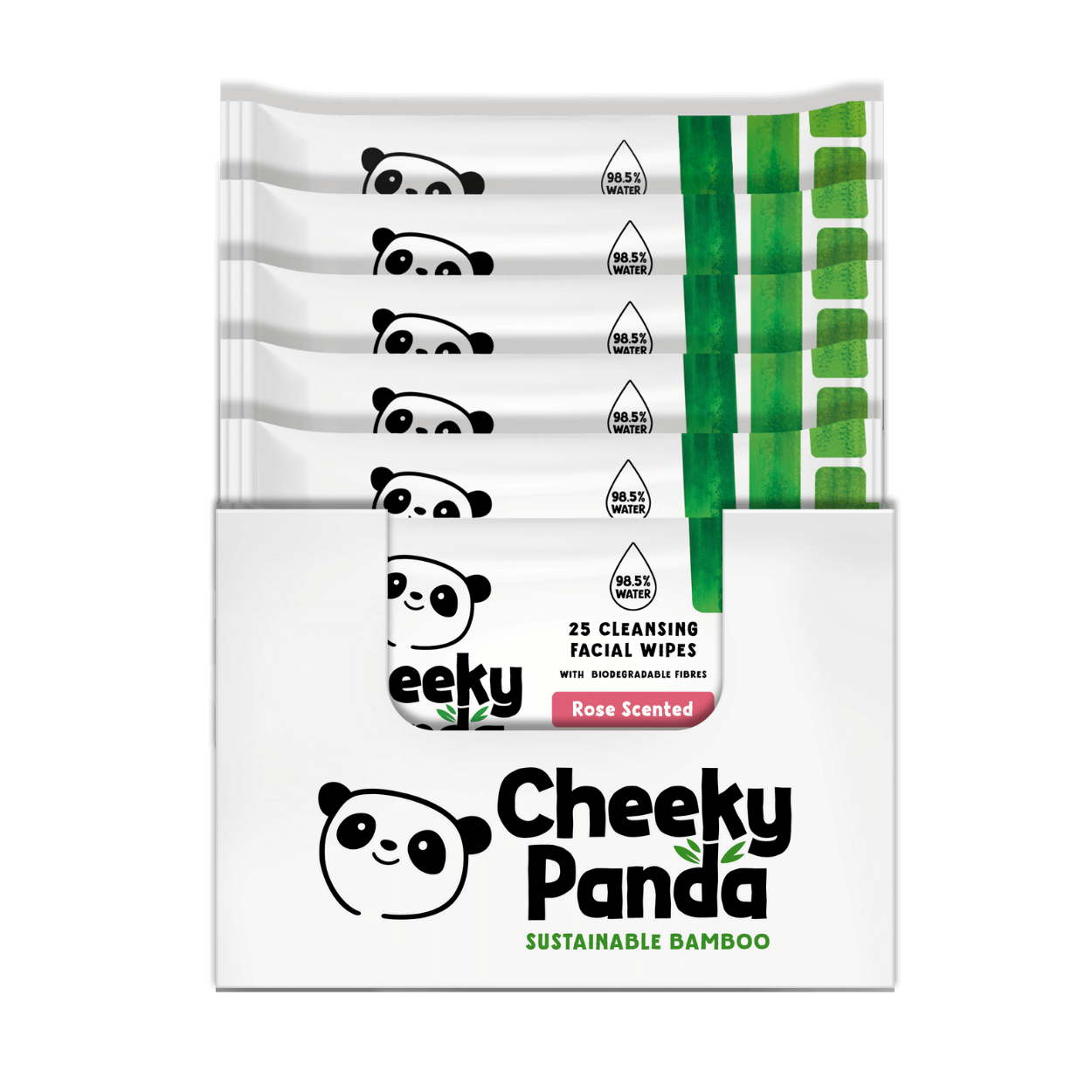 Pack of Cheeky Panda rose-scented facial wipes with panda design on a black background