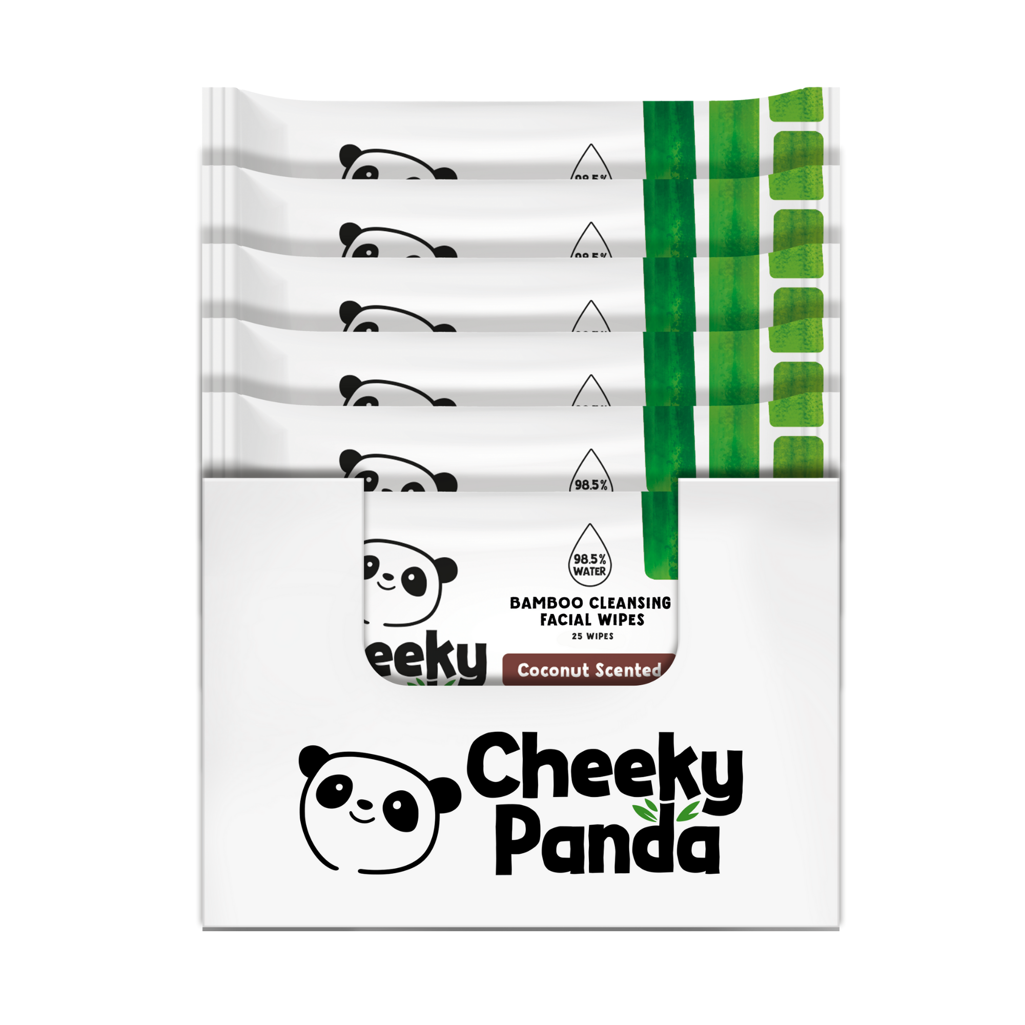 A display box containing multiple packs of Cheeky Panda coconut scented facial wipes.