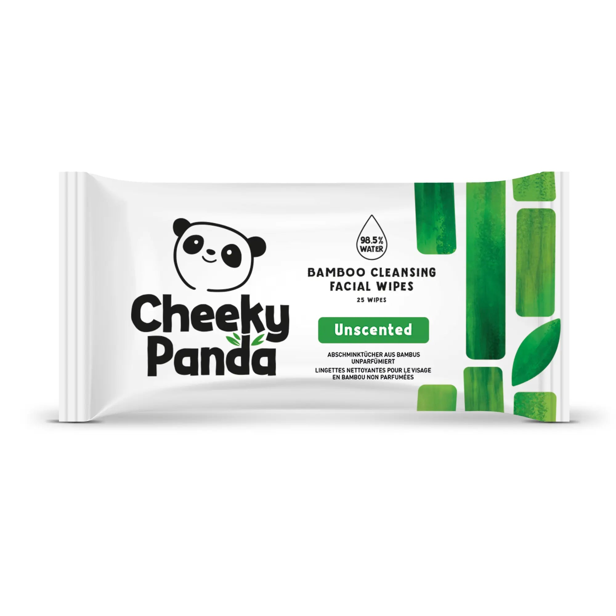 A single pack of Cheeky Panda unscented bamboo cleansing facial wipes.