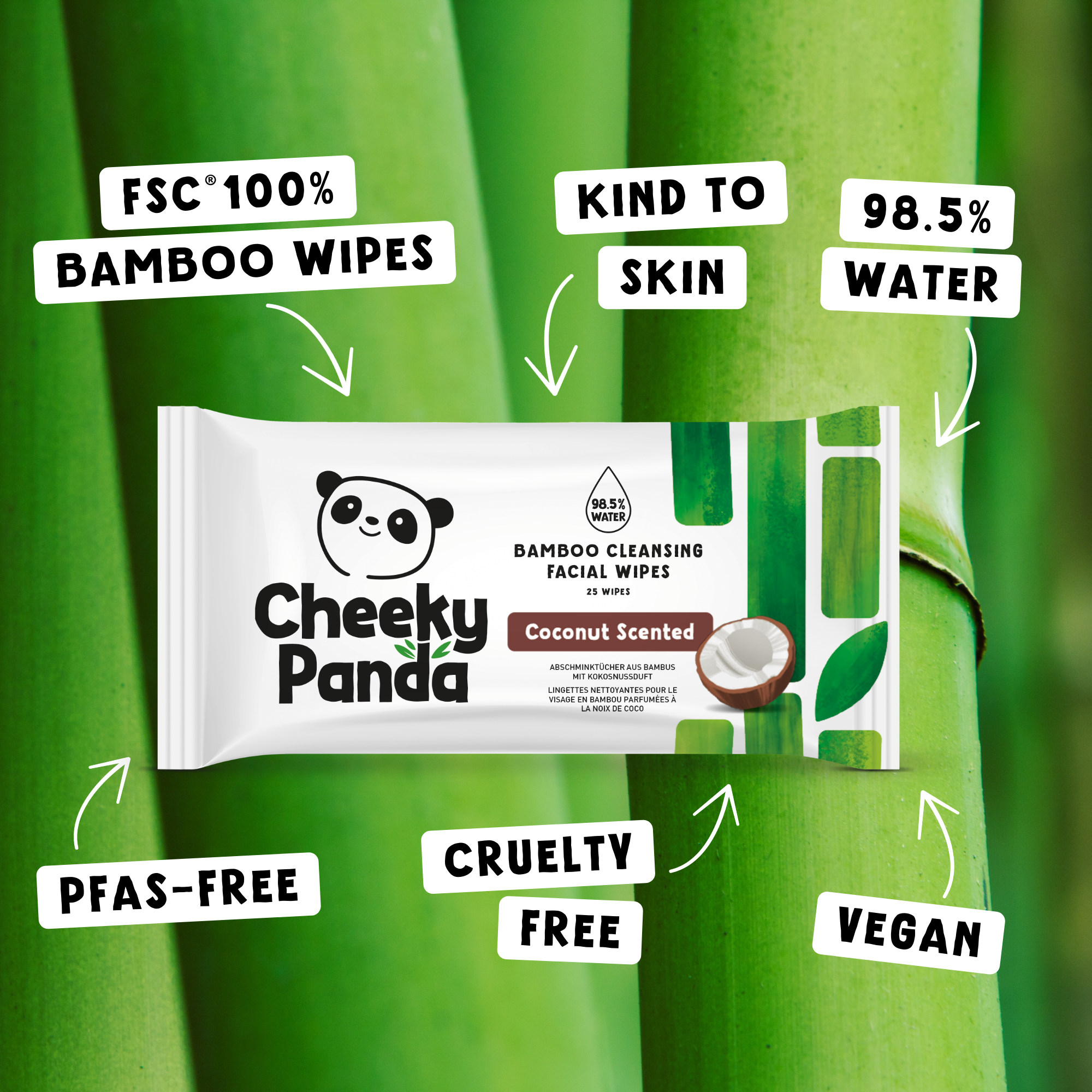A pack of Cheeky Panda coconut scented facial wipes on a bamboo background, highlighting product benefits.