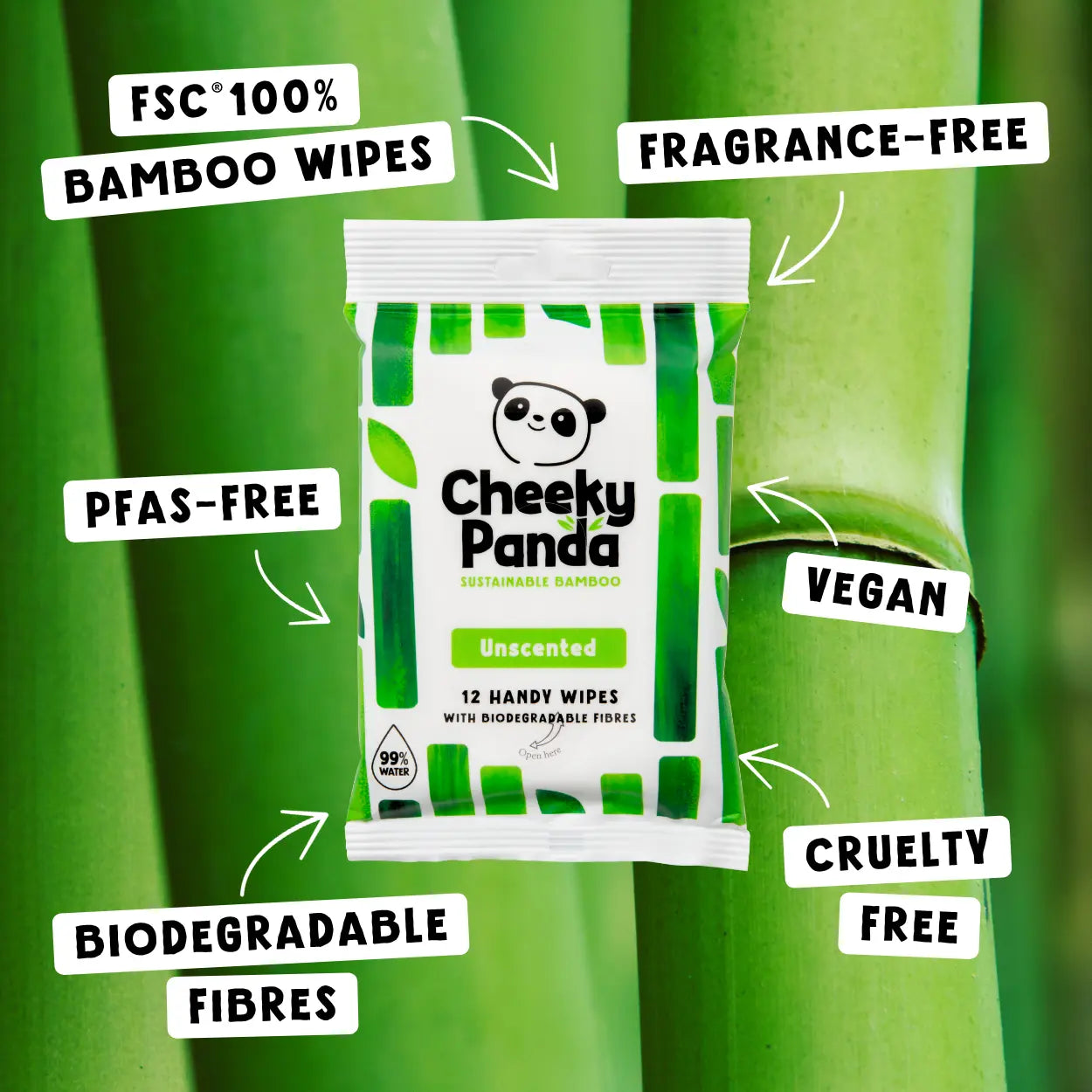 Cheeky Panda bamboo wipes packaging with green bamboo background and feature text.