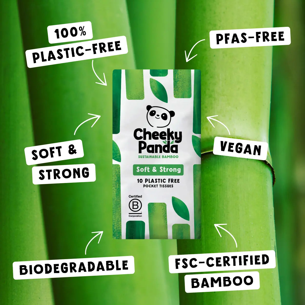 Cheeky Panda bamboo pocket tissues with sustainability features on a green background
