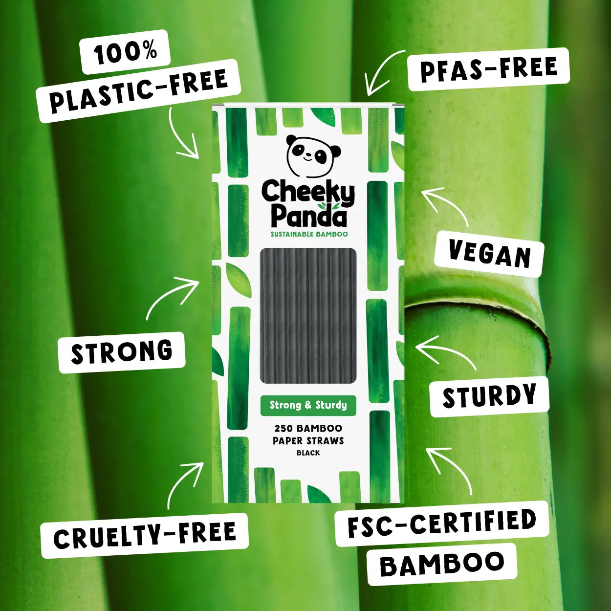 Cheeky Panda bamboo paper straws packaging with sustainability features on a green background
