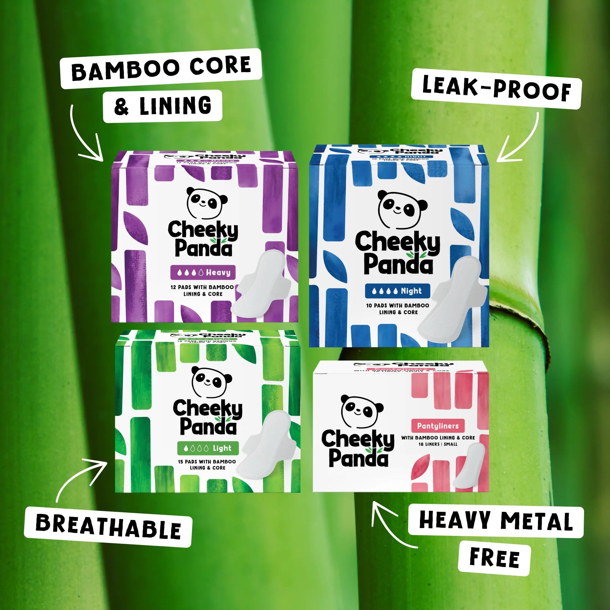 Four packs of Cheeky Panda pantyliners on bamboo background, highlighting features like leak-proof and breathable.