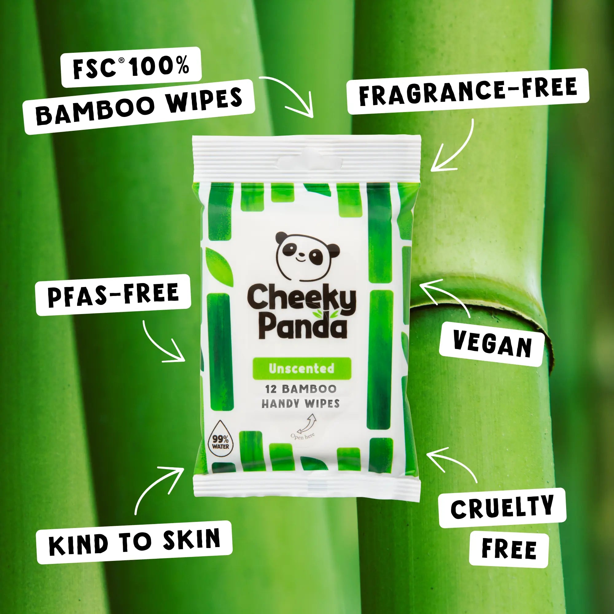 Cheeky Panda Unscented 12 Handy Wipes pack with surrounding text highlighting its features.