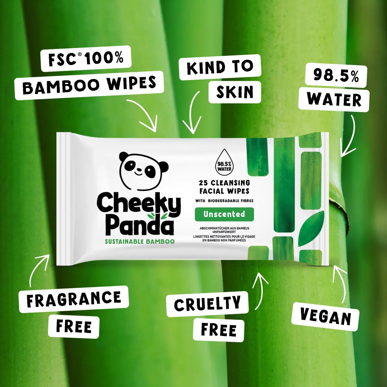 Cheeky Panda unscented facial wipes on a bamboo background with product features.