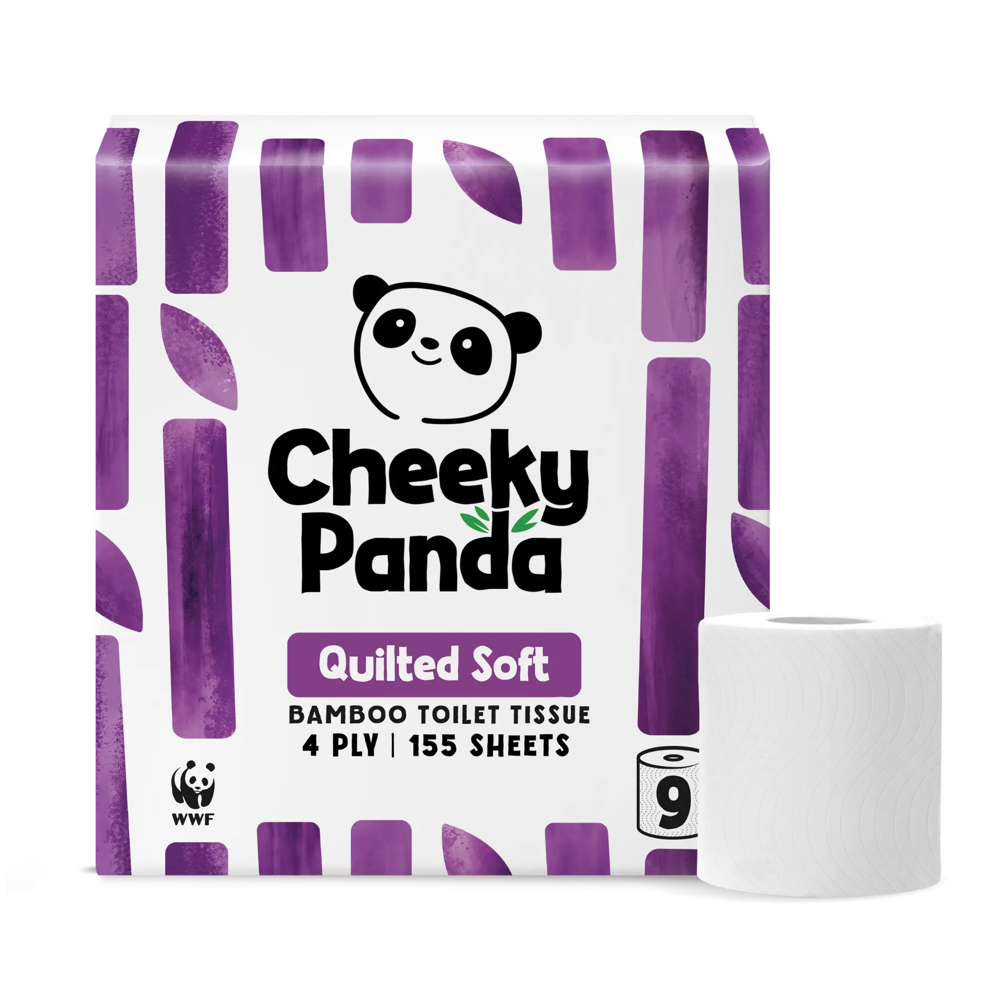A pack of Cheeky Panda Bamboo Toilet Tissue with a white and purple patterned box and one white toilet tissue roll shown in front, on a plain white background.
