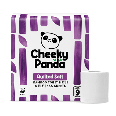 A pack of Cheeky Panda Bamboo Toilet Tissue with a white and purple patterned box and one white toilet tissue roll shown in front, on a plain white background.