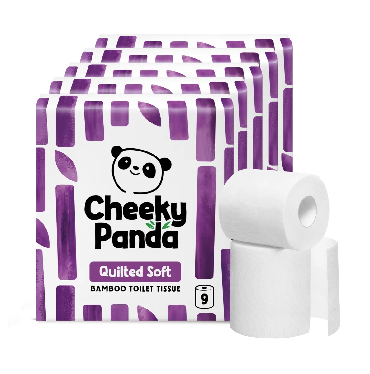 Cheeky Panda Quilted Soft Bamboo Toilet Tissue 9-roll pack with two rolls stacked