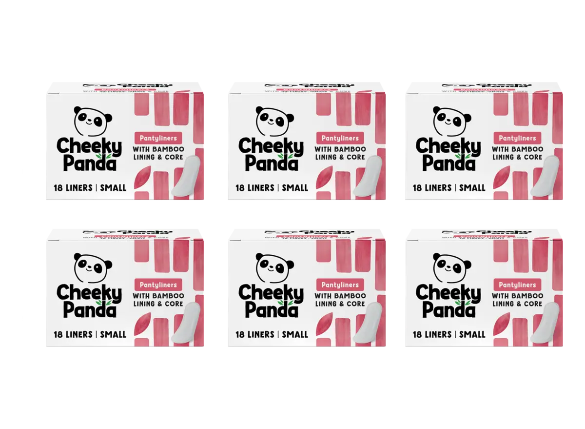 Six boxes of Cheeky Panda pantyliners, 18 small liners per box, with bamboo lining and core
