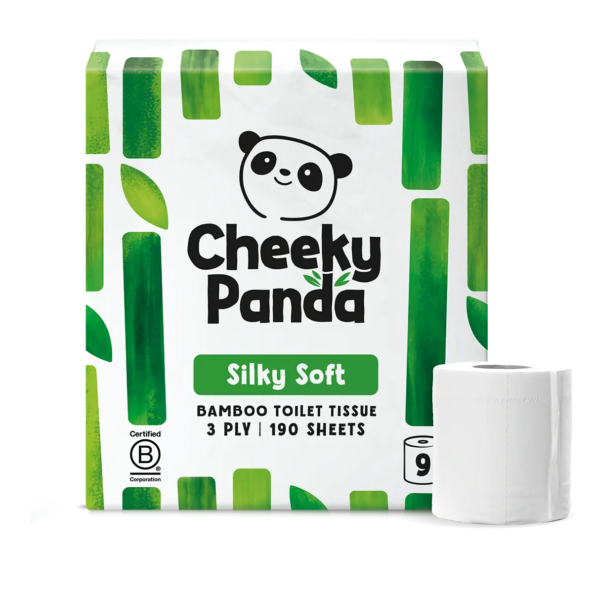 A package of Cheeky Panda Bamboo Toilet Tissue, 3 ply, 190 sheets, shown next to a single roll of the white toilet tissue on a plain white background.