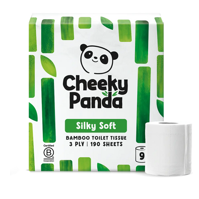 A package of Cheeky Panda Bamboo Toilet Tissue, 3 ply, 190 sheets, shown next to a single roll of the white toilet tissue on a plain white background.