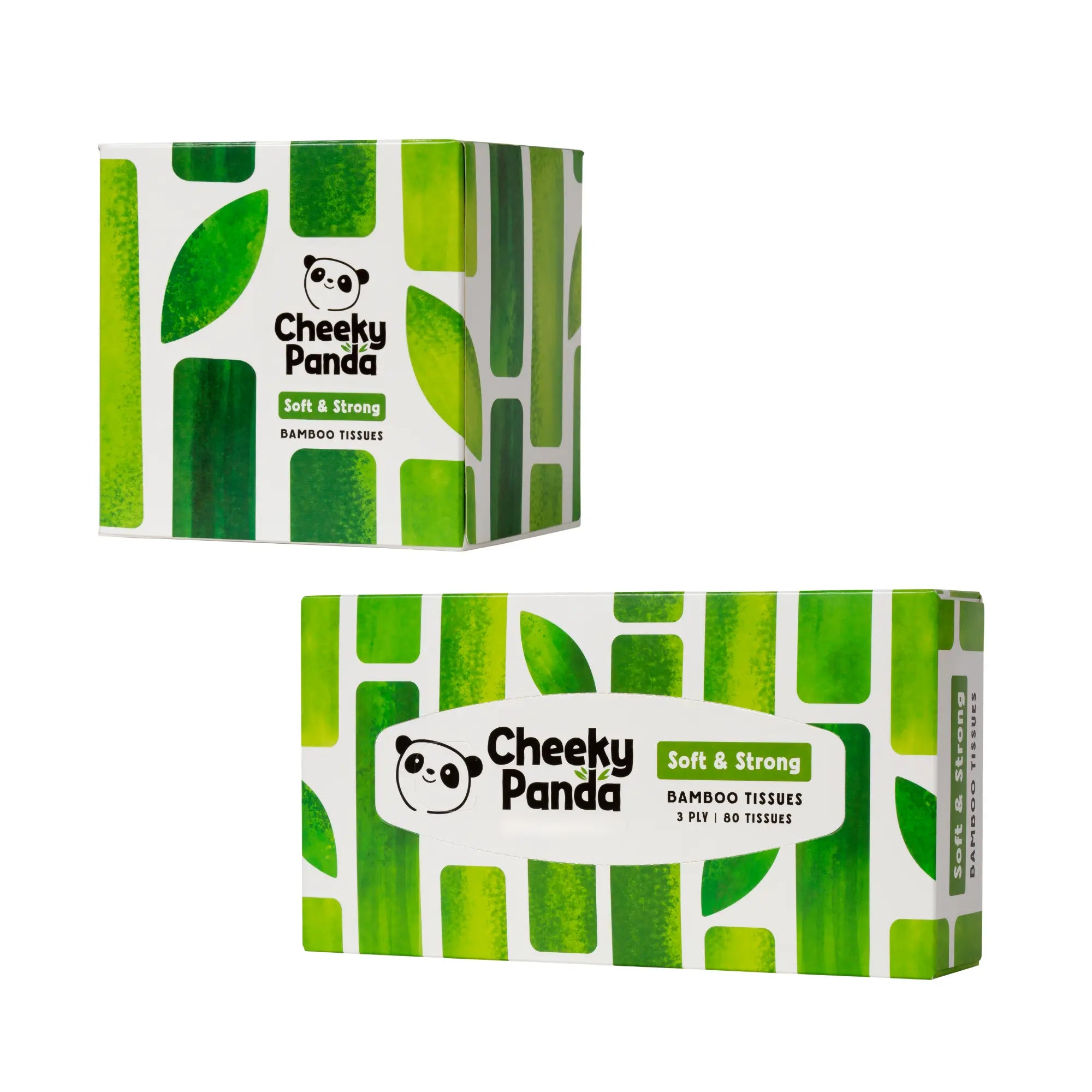 Two Cheeky Panda tissue boxes, one rectangular and one cube-shaped.