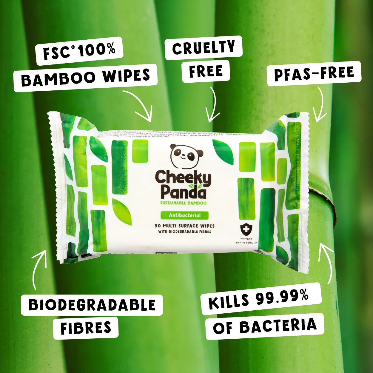 Cheeky Panda antibacterial wipes with labels highlighting features like 'FSC 100% Bamboo Wipes'.