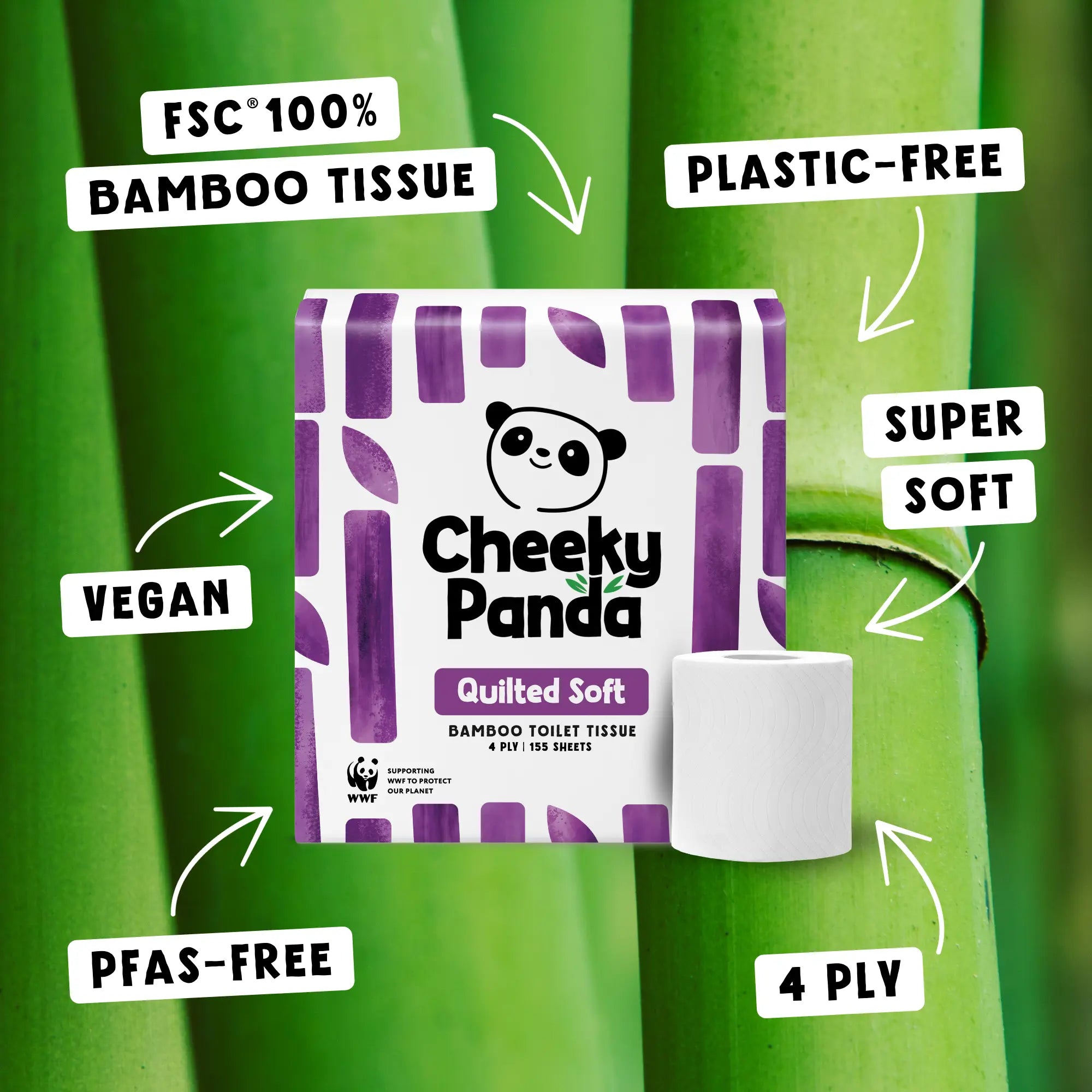 Cheeky Panda Quilted Soft toilet tissue pack on bamboo, highlighting eco-friendly features.