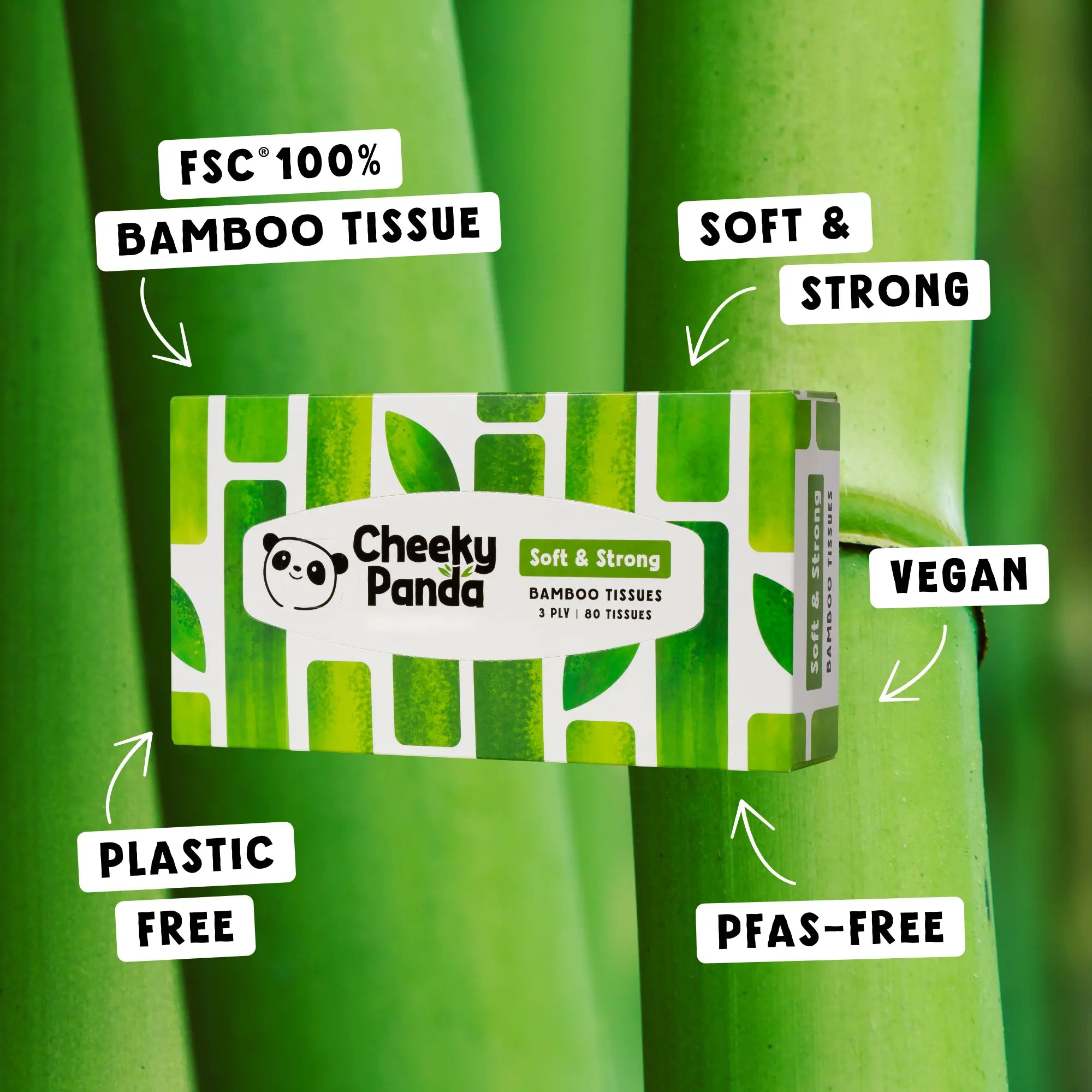 Cheeky Panda tissue box with icons highlighting its features: FSC, plastic-free, vegan.