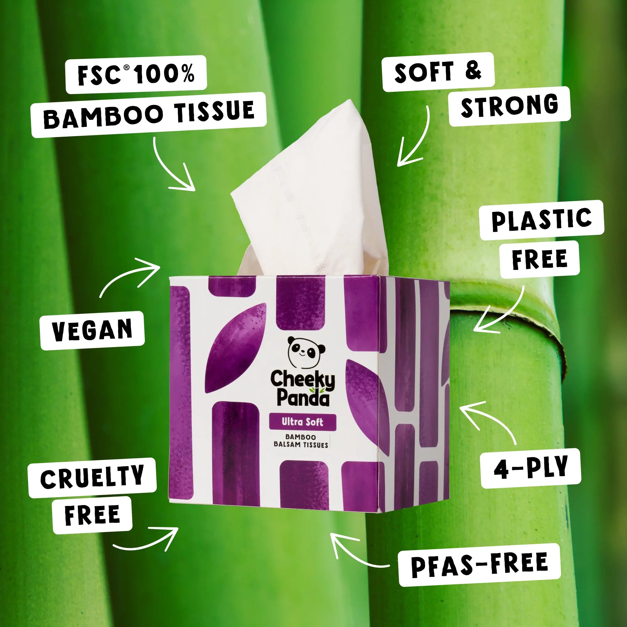 A Cheeky Panda Ultra Soft Bamboo Balm Tissues box surrounded by bamboo stalks and product benefits.