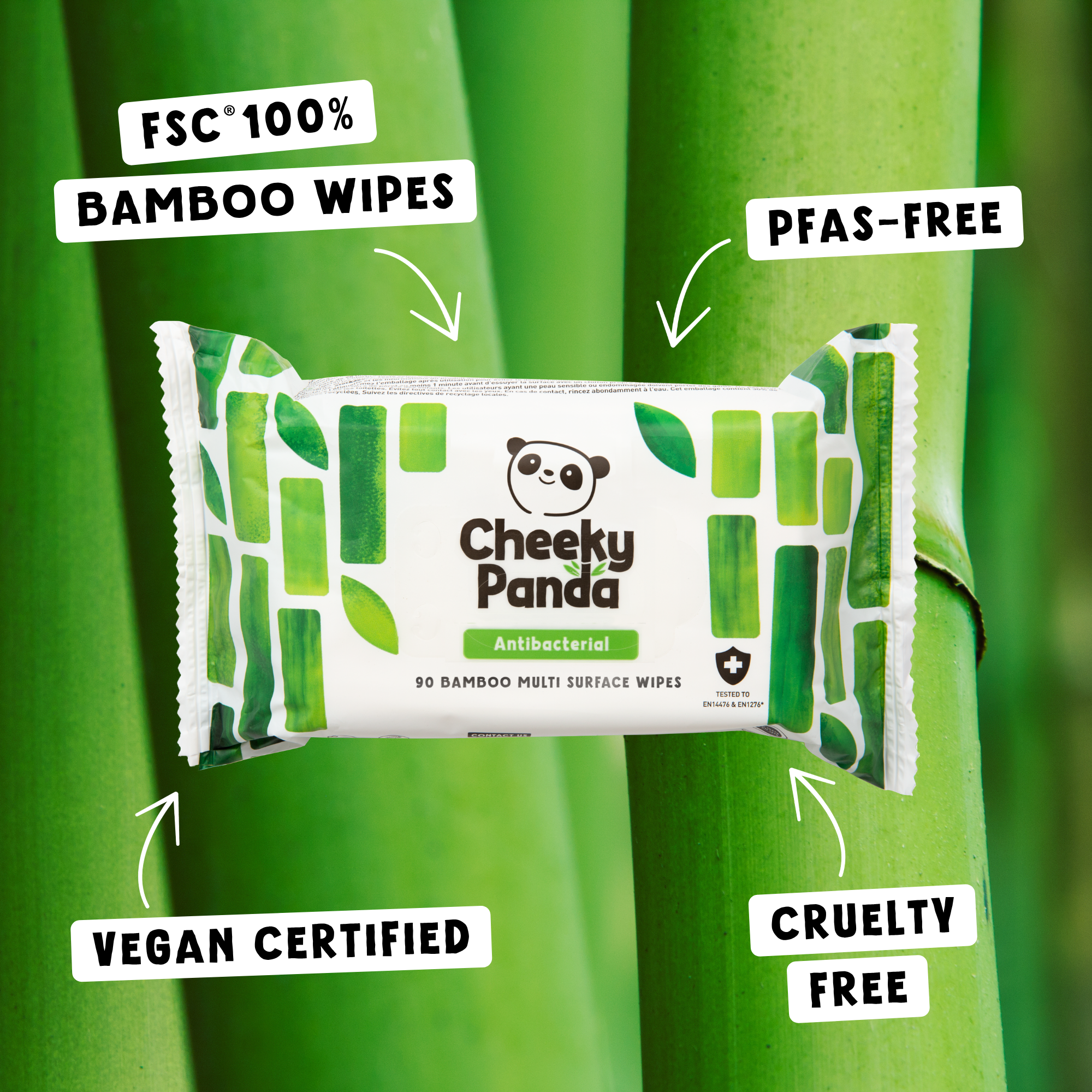 Features for Cheeky Panda antibacterial wipes, including made from FSC 100% bamboo, PFAS free, vegan and cruelty-free certified