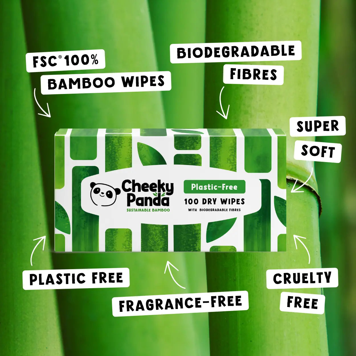 Cheeky Panda bamboo wipes in a jungle setting with product benefits highlighted.