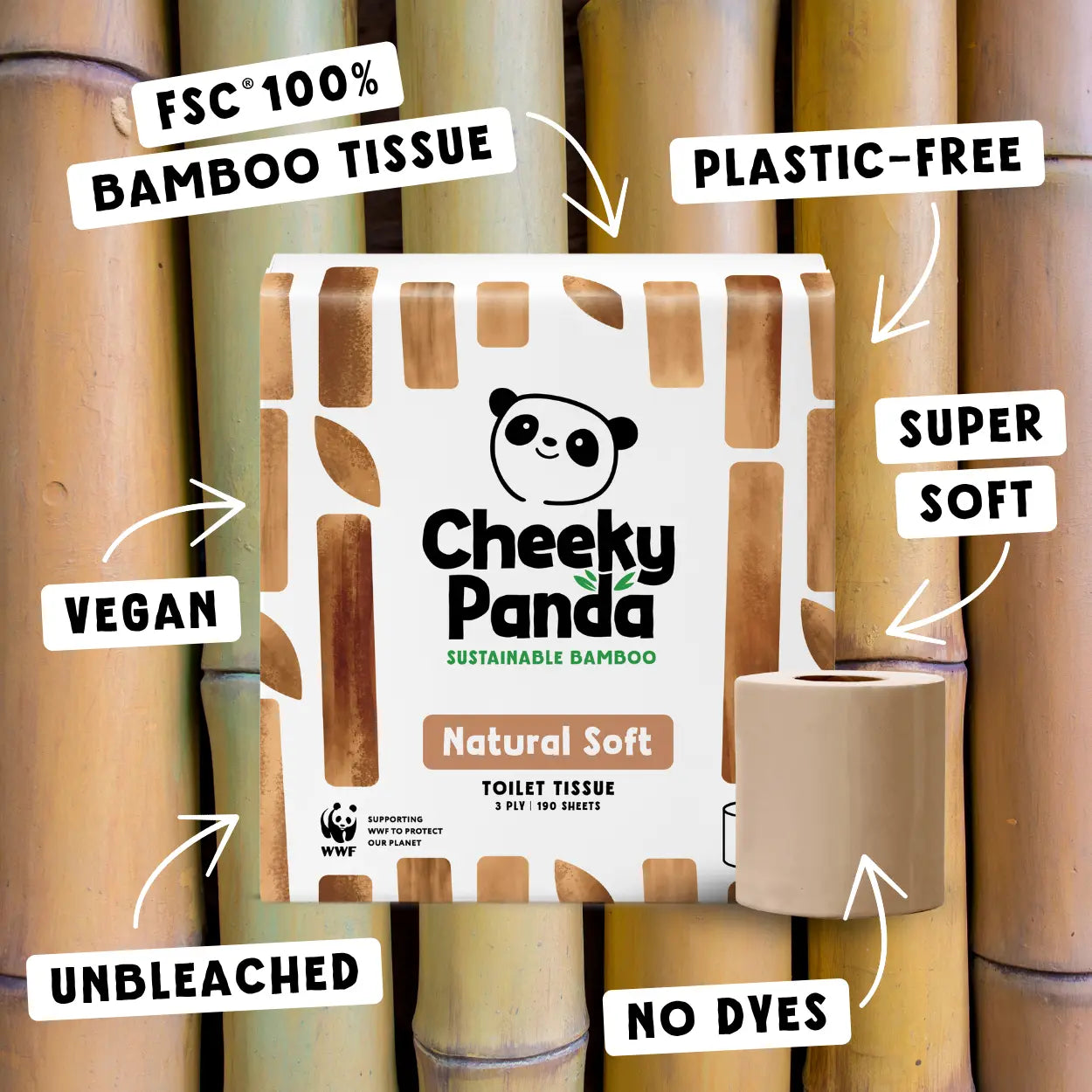Cheeky Panda bamboo toilet tissue roll highlighting its features.