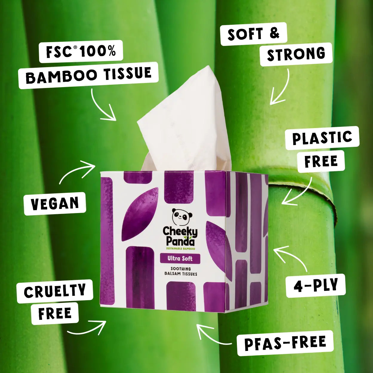 Cheeky Panda tissues on a bamboo background, highlighting eco-friendly features.