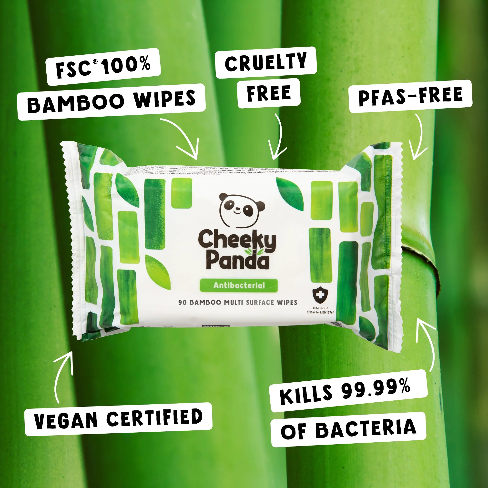 Cheeky Panda antibacterial wipes with labels: FSC 100% Bamboo Wipes, Cruelty Free, PFAS-Free, Vegan Certified, Kills 99.99% of Bacteria.