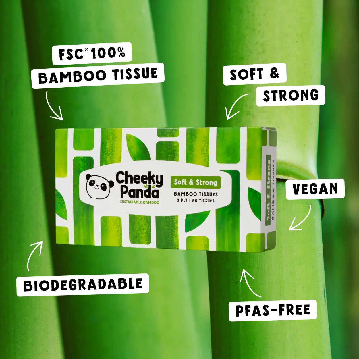 Cheeky Panda tissues made from FSC 100% bamboo, emphasising eco-friendly features.