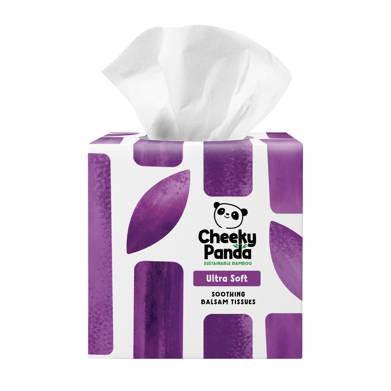 Box of Cheeky Panda tissues with a purple and white design on a black background