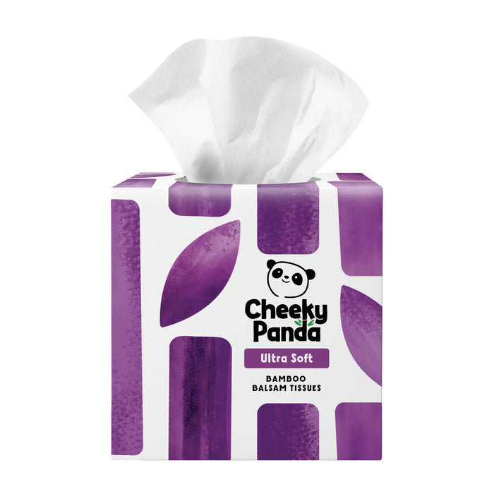 Cheeky Panda Ultra Soft Bamboo Balm Tissues box with a tissue protruding from the top.