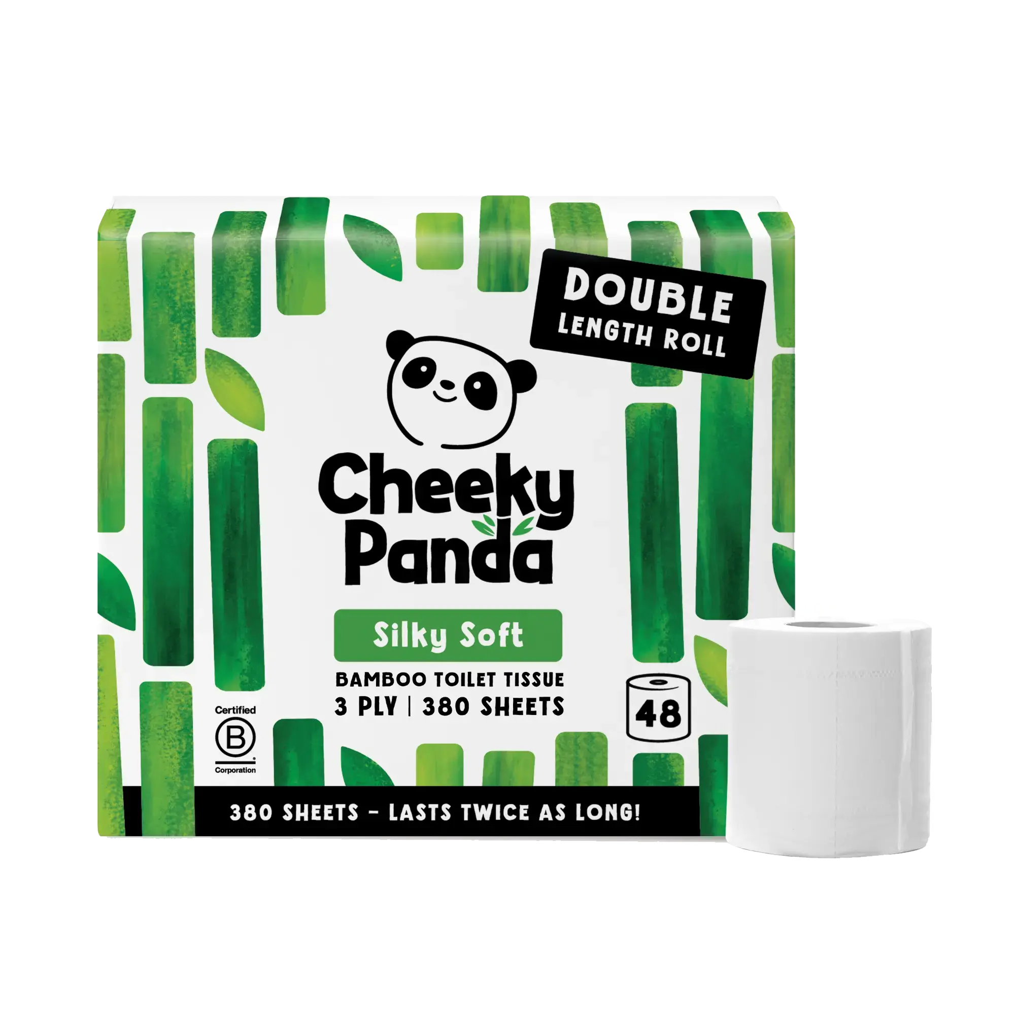 Cheeky Panda Bamboo Toilet Tissue packaging with a roll of white toilet paper shown beside it on a plain white background.