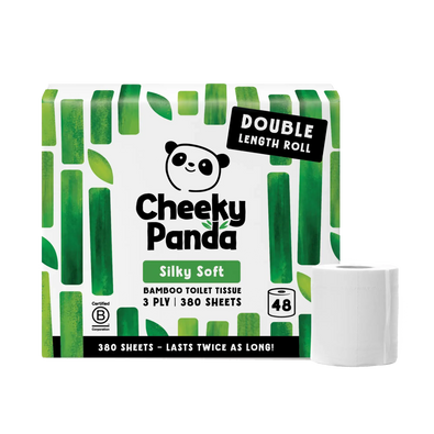 Cheeky Panda Bamboo Toilet Tissue packaging with a roll of white toilet paper shown beside it on a plain white background.