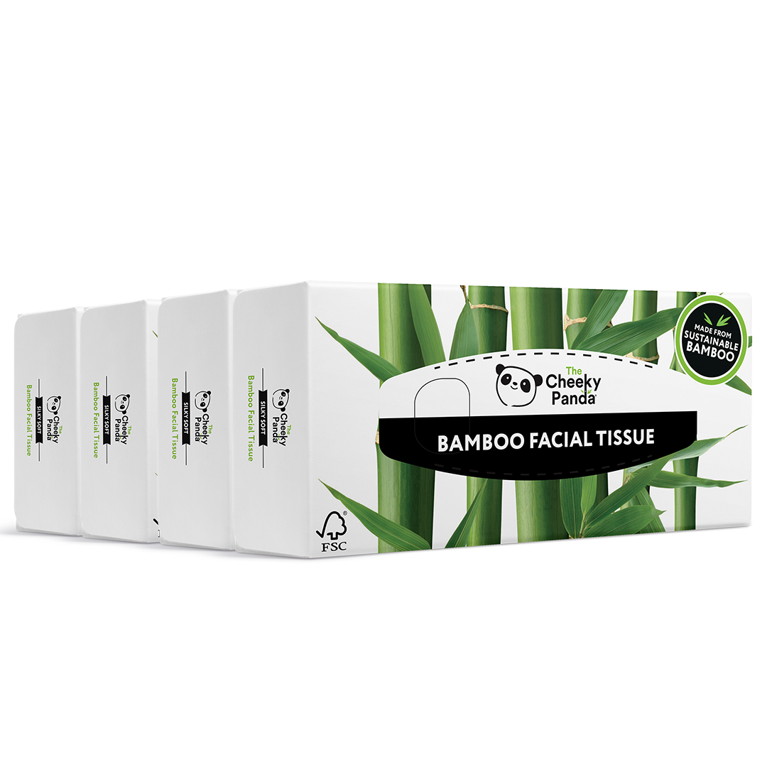 Four boxes of Cheeky Panda bamboo facial tissue, highlighting sustainable bamboo.