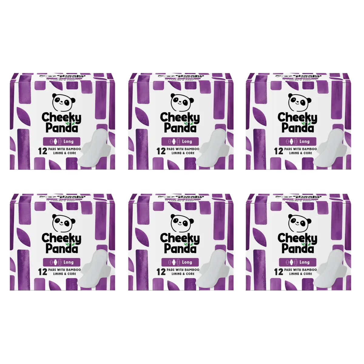 Six packs of Cheeky Panda long sanitary pads, 12 pads per pack, with bamboo lining and core