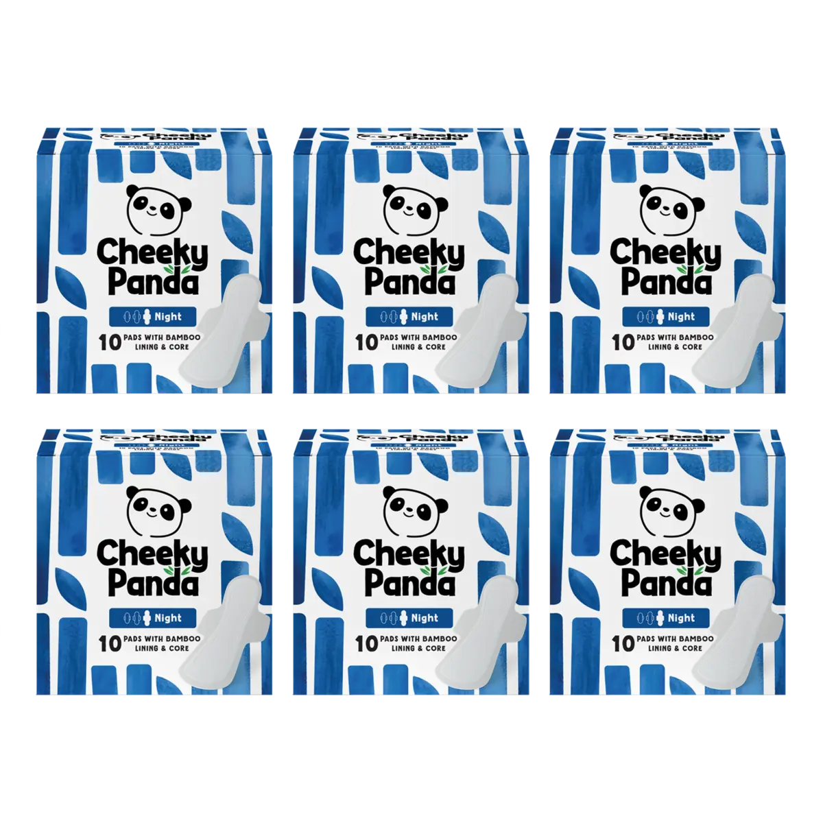 Six packs of Cheeky Panda night pads, each pack containing 10 pads with bamboo lining and core