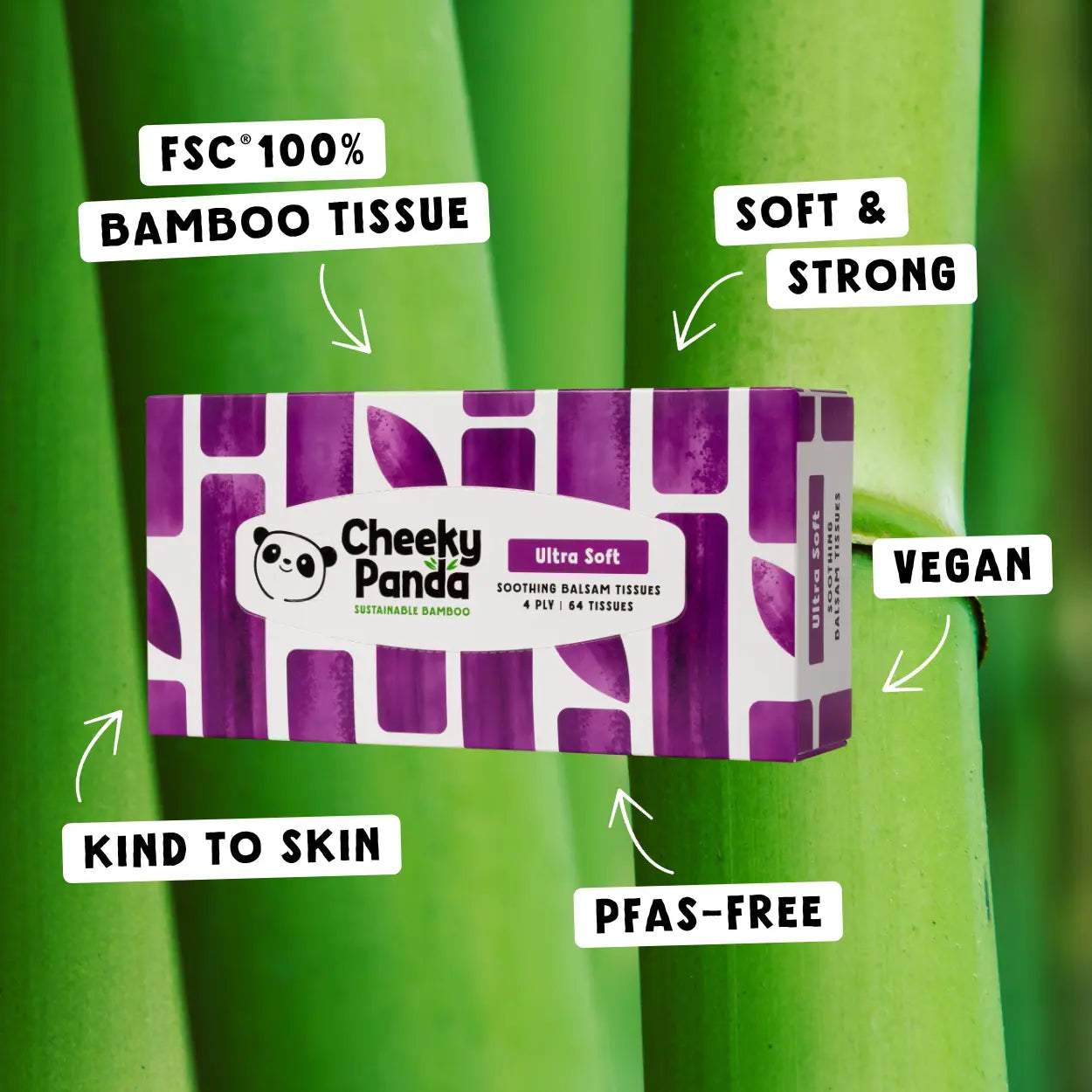 Cheeky Panda Ultra Soft Soothing Balsam Tissues, with product benefits and bamboo background.